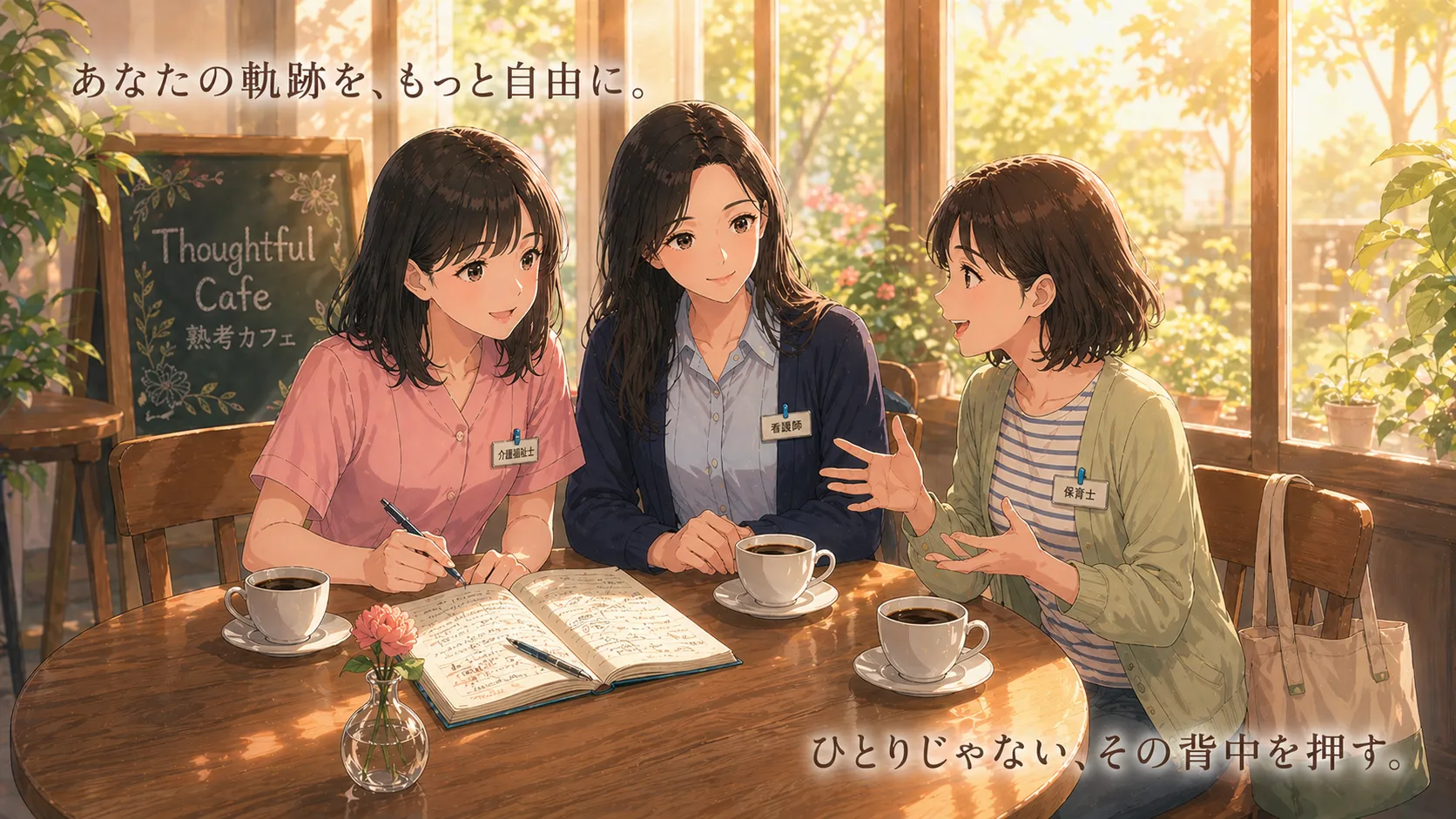 介護士・看護師・保育士の3人がカフェのテーブルを囲んで穏やかに語り合っている様子。あなたの軌跡を、もっと自由に。ひとりじゃない、その背中を押す。