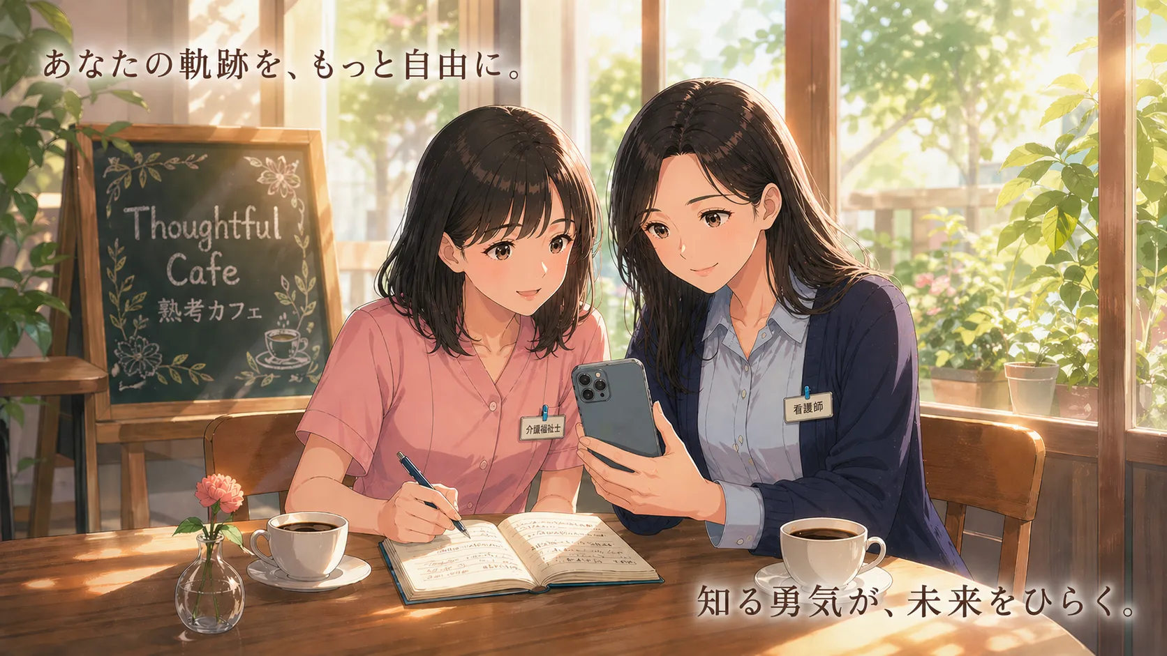介護士と看護師の友人がカフェのテーブルでスマートフォンを覗き込みながら一緒に求人情報を調べている様子。あなたの軌跡を、もっと自由に。知る勇気が、未来をひらく。