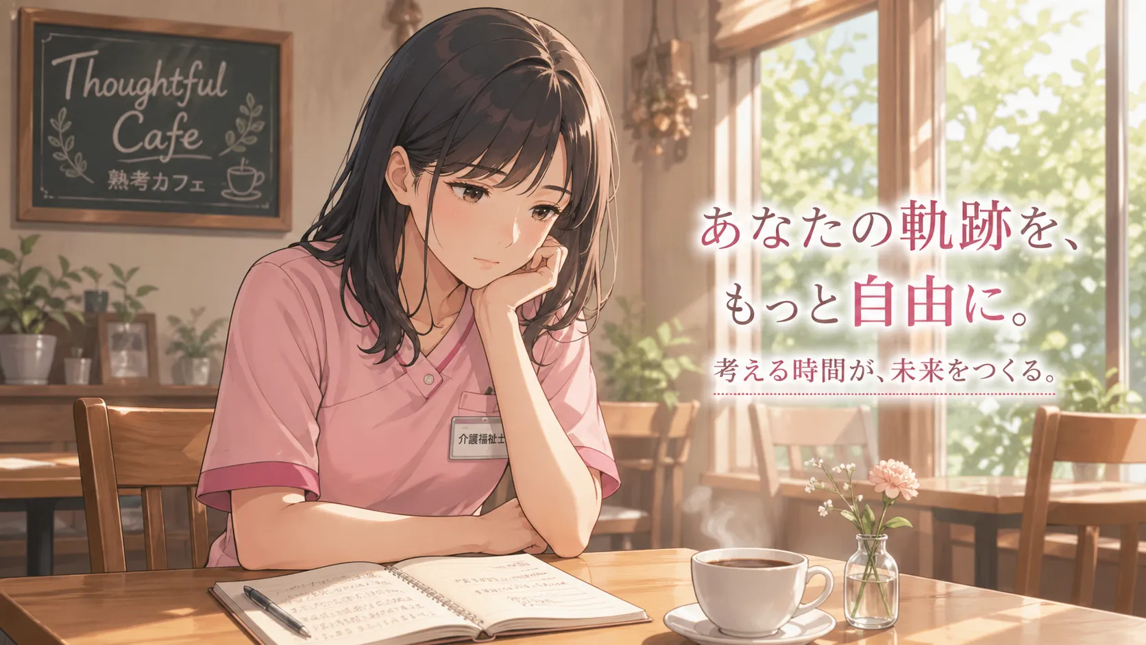 介護福祉士の女性が「Thoughtful Cafe / 熟考カフェ」で一人ノートを開き、自分のキャリアについて思案している様子。あなたの軌跡を、もっと自由に。考える時間が、未来をつくる。