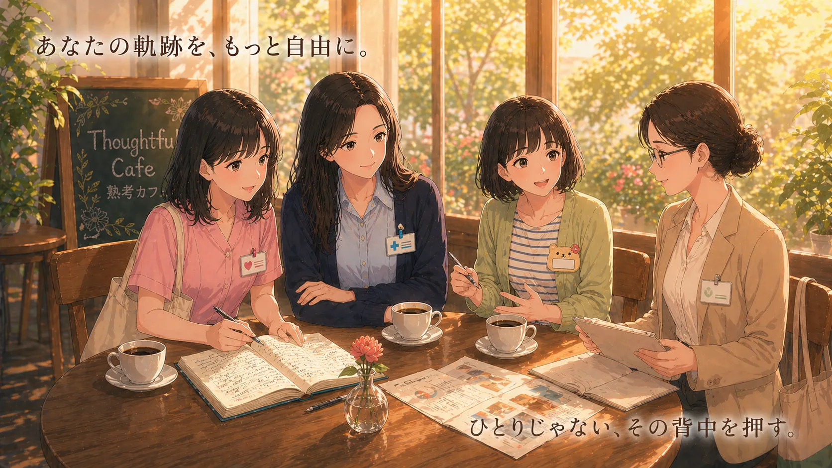 介護士・看護師・保育士・栄養士の4人がカフェの夕方の光のなかで真剣に語り合っている様子。あなたの軌跡を、もっと自由に。答えは、仲間との時間にある。