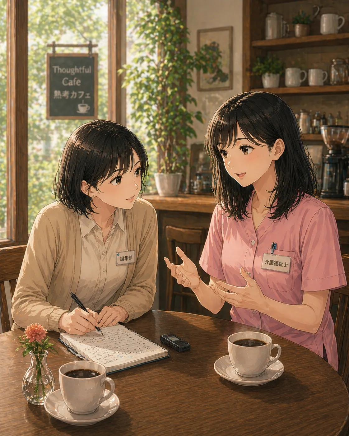 おしごとラボ編集部のライターが介護福祉士の女性に取材している様子。Thoughtful Cafeで真剣に話を聞き、メモを取る編集部の姿。