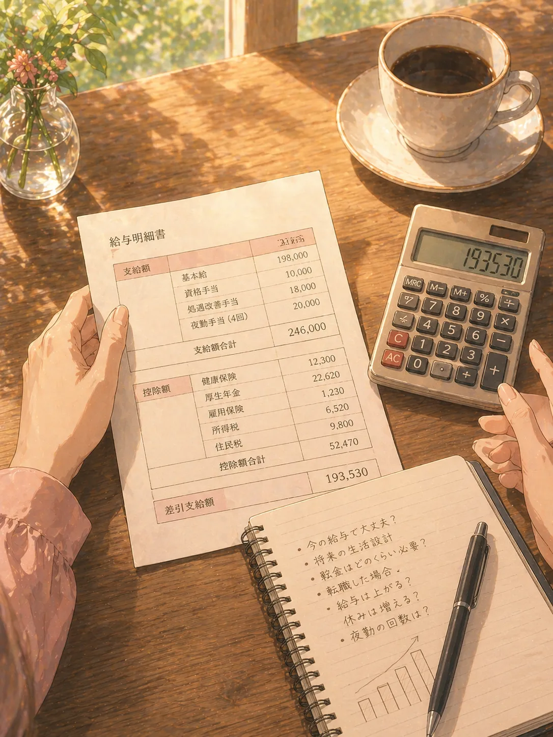 給料明細書を見ながら将来の生活設計を考える介護士の手元