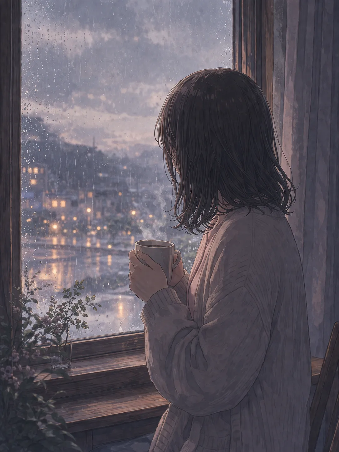 雨の窓辺でマグカップを抱えて静かに考える女性の後ろ姿
