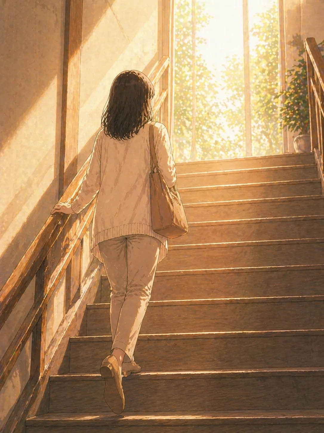 光に向かって階段を上っていく女性の後ろ姿