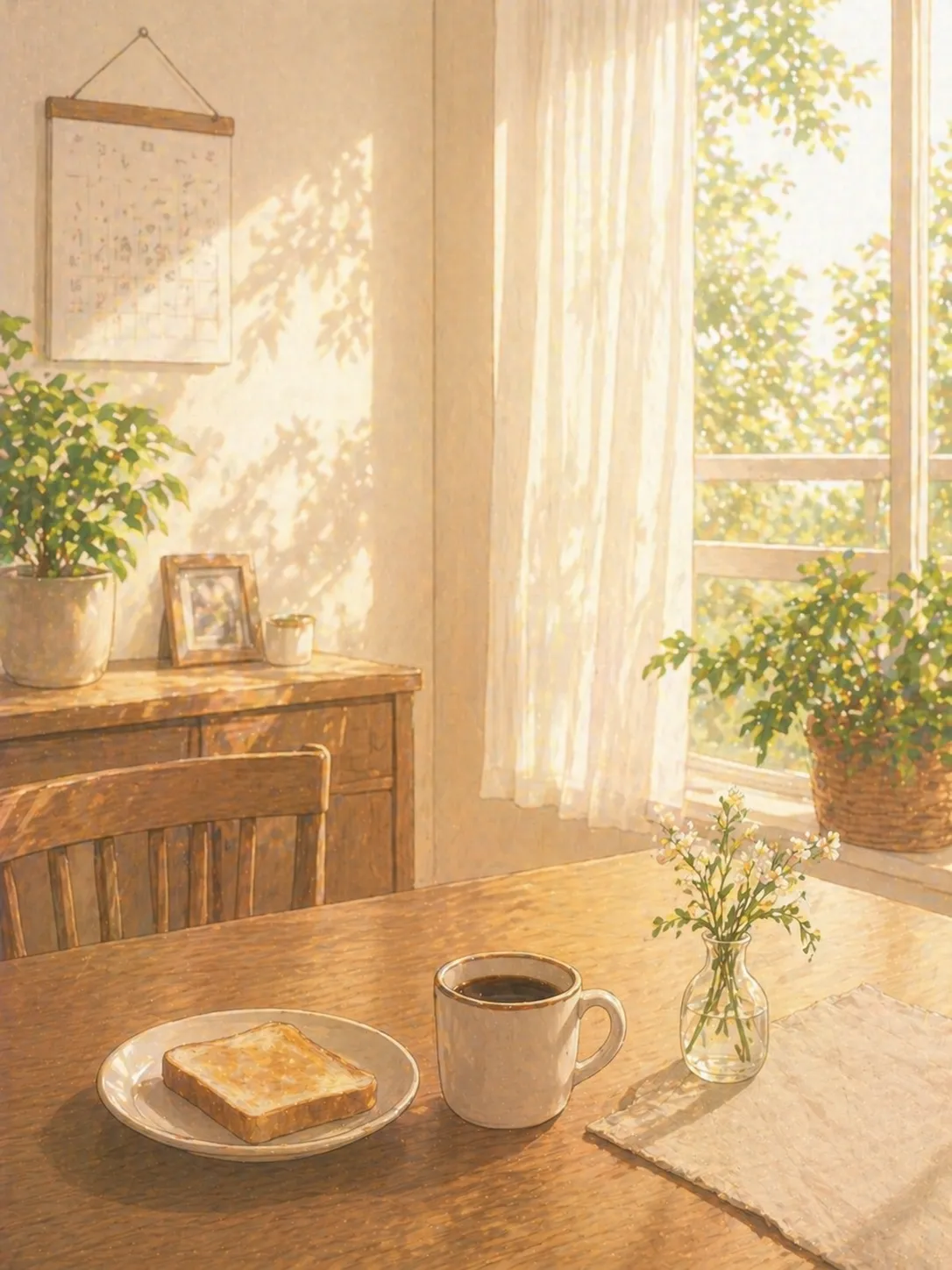 朝の食卓、トーストとコーヒーと一輪挿しの花、穏やかな日常